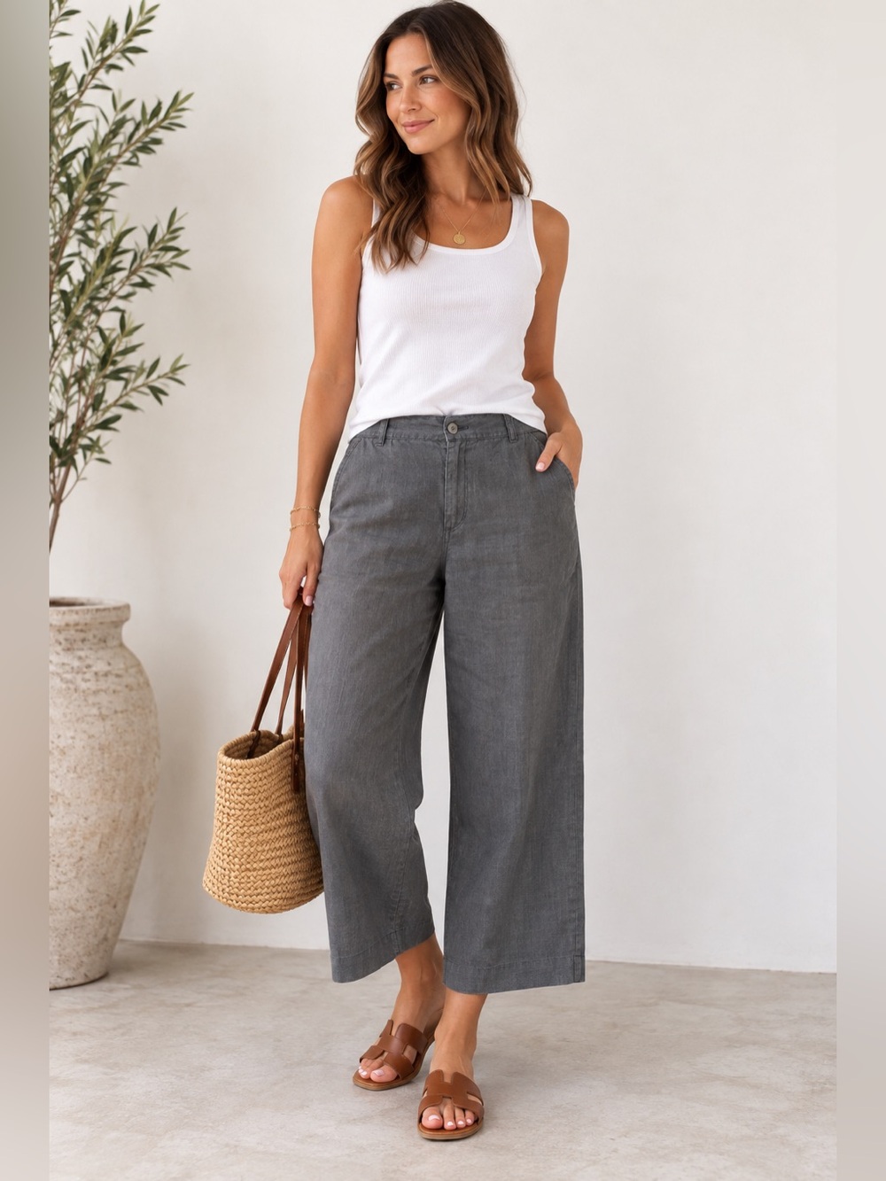 Boden 100% Linen Gray Wide Leg Cropped Pants Women’s Size 14
